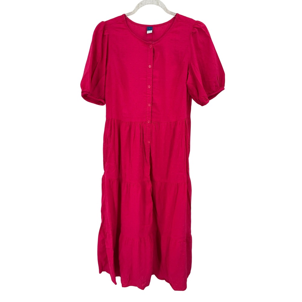 Old Navy Dress Womens Small Pink Cotton Rayon Clip Dot Tiered Puff Sleeve Midi